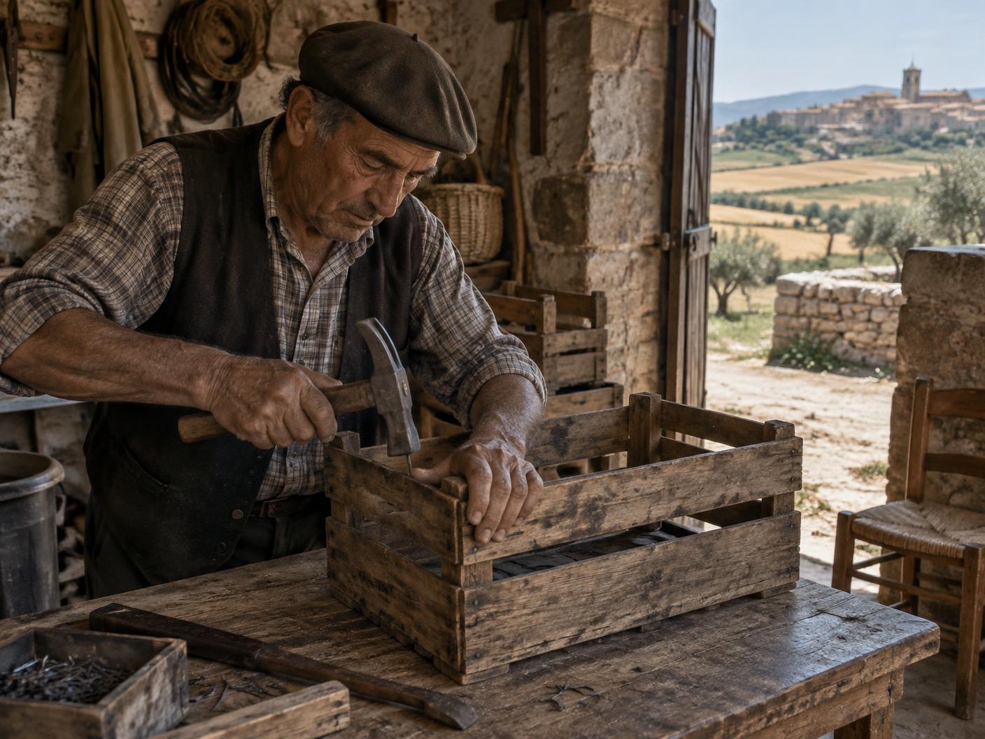 Artesano reparando una caja de madera en un taller rural